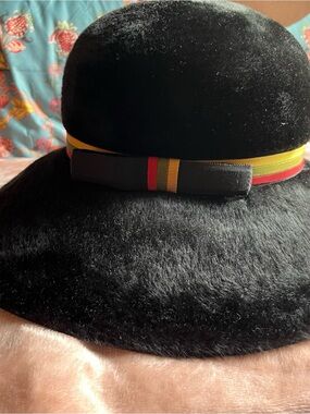 Vintage Black Hat with Multicolor Ribbon Trim